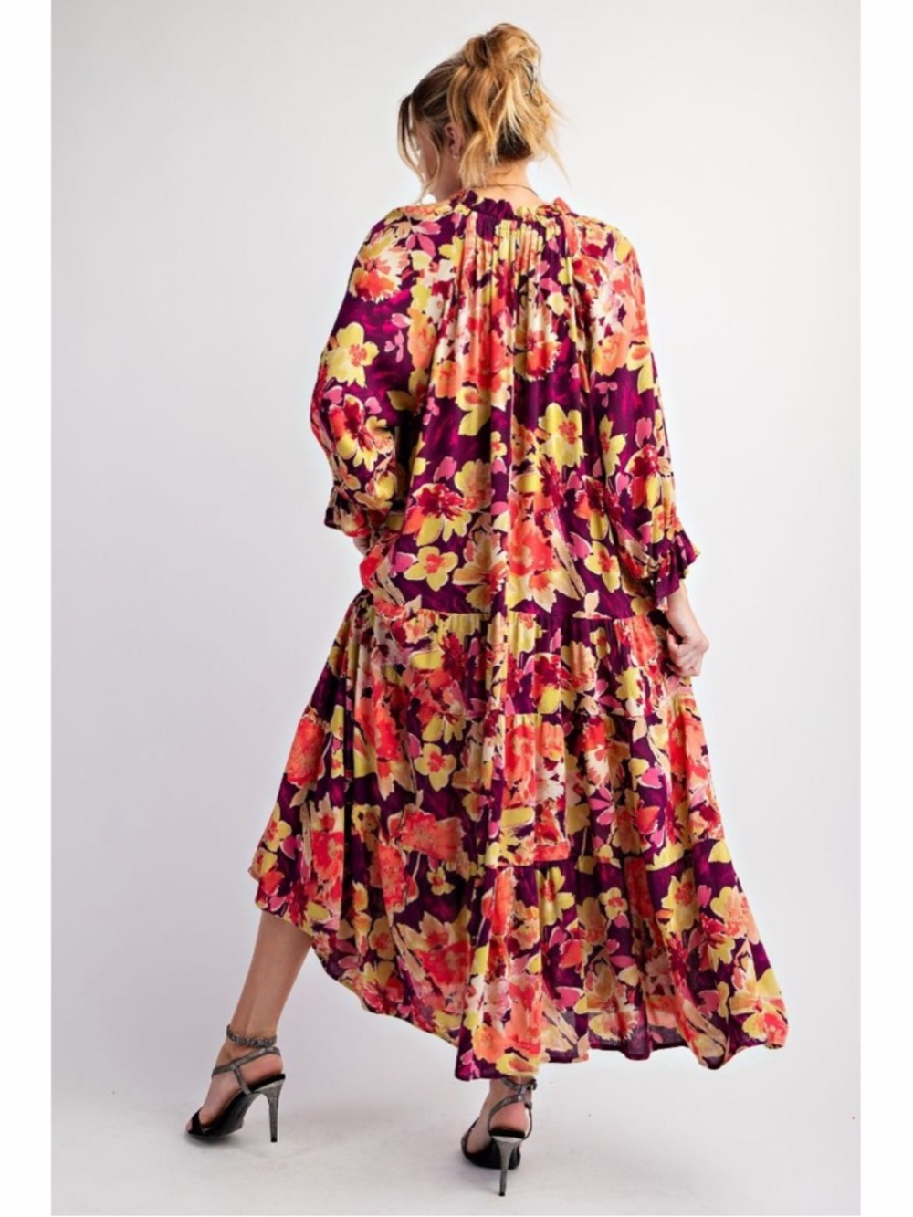 Easel Purple Multi Tiered Ruffle Floral Tassel Puff Sleeve Maxi Dress w/Pockets! - Picture 3 of 10